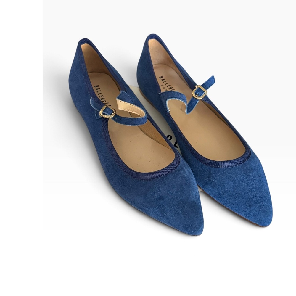 Ballerette Roma Brera Indigo Blue Suede Pointed Toe Mary Jane Flats Size 38